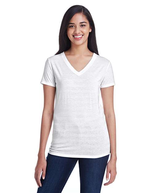 Threadfast Apparel Women's Invisible Stripe V-Neck T-Shirt in White Invisible Stripe