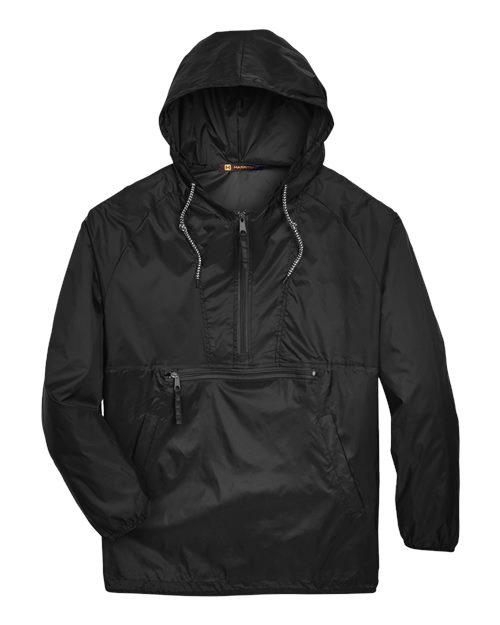 Harriton Men's Packable Hooded Nylon Jacket in Black