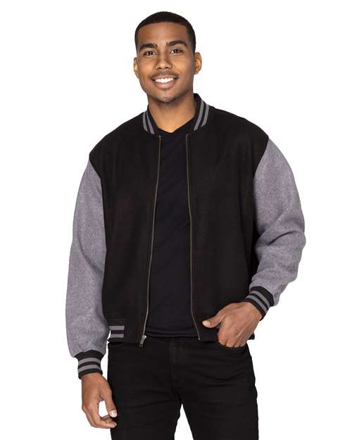 Threadfast Apparel Unisex Legend Jacket in Black/Charcoal Heather, front view on model