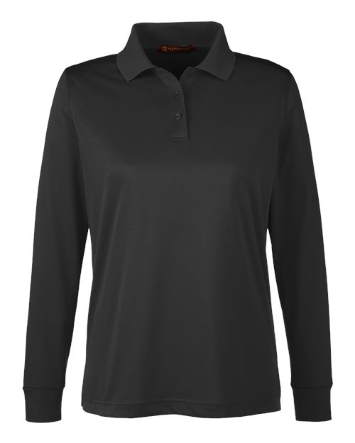 Harriton Women's Advantage Snag Protection Plus IL Long Sleeve Polo in Black, front view
