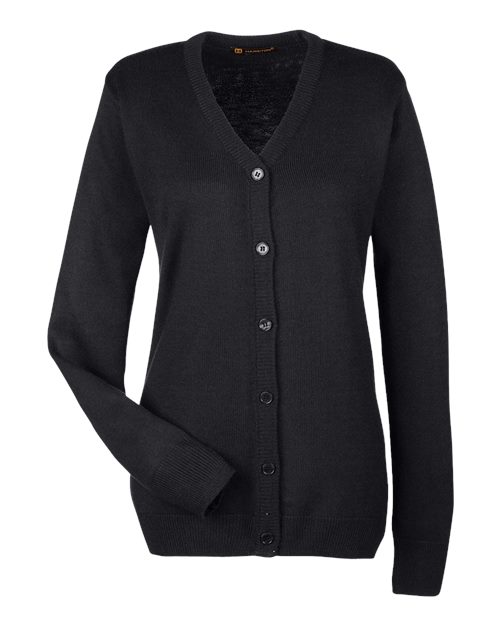 Harriton Women's Pilbloc V-Neck Button Cardigan Sweater in Black, front view