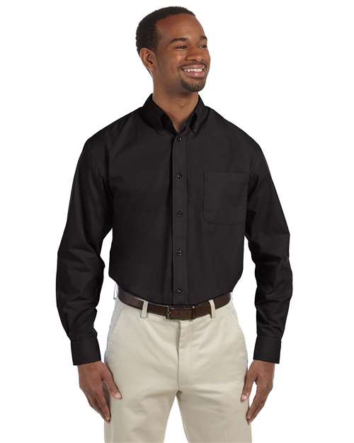 Harriton Men's Essential Poplin in Black, front view on model