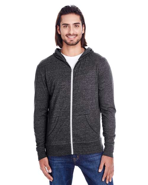 Threadfast Apparel Unisex Triblend Full-Zip Lightweight Hooded Sweatshirt in Black Triblend, front view on model