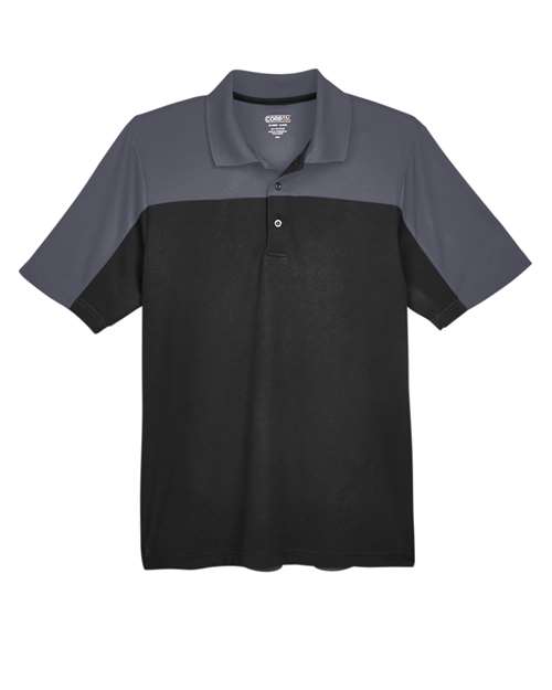 CORE365 Men's Balance Colorblock Performance Piqué Polo in Black/Carbon, front view