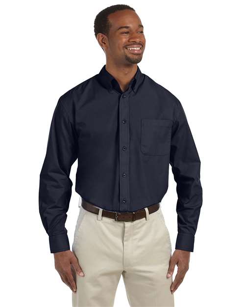 Harriton Men's Tall Essential Poplin in Navy, front view on model