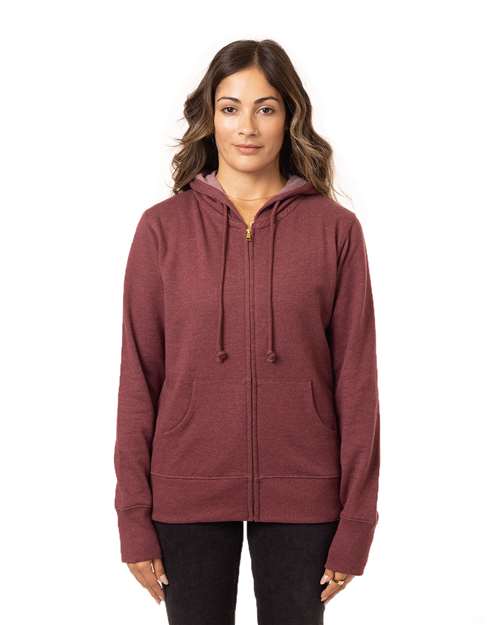 econscious Women's Heathered Full-Zip Hooded Sweatshirt in Berry, front view on model