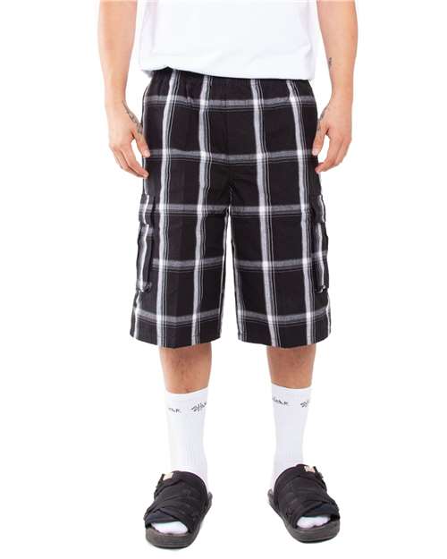 Shaka Wear Shaka Wear Unisex Plaid Shorts with Custom Logo Embroidery in Black, front view on model