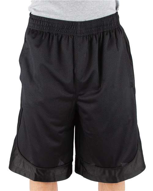 Shaka Wear Shaka Wear Unisex Mesh Shorts with Custom Logo Embroidery in Black, front view on model