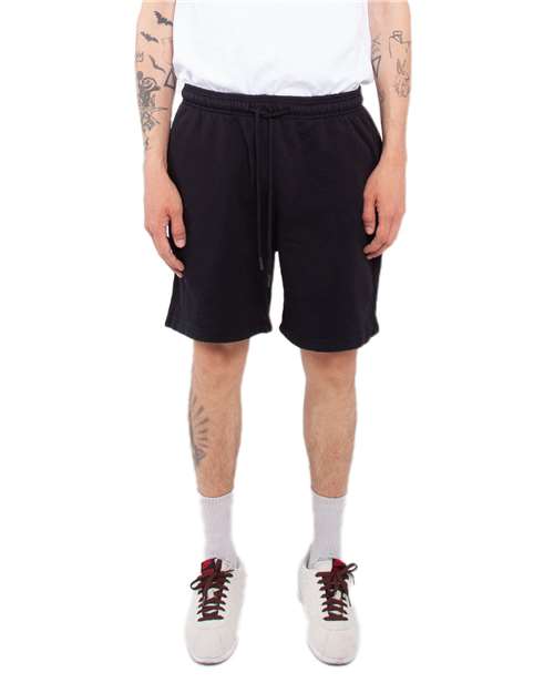 Shaka Wear Unisex Garment-Dyed Shorts in Black, front view on model