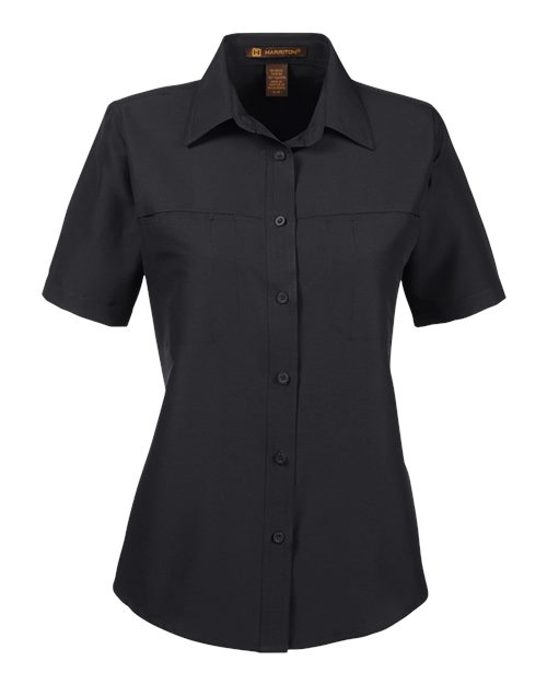 Harriton Women's Key West Short Sleeve Performance Staff Shirt in Black, front view