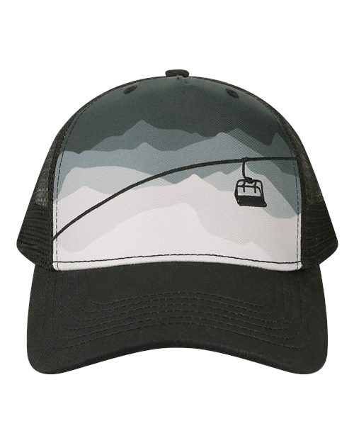 LOCALE Printed Five-Panel Trucker Cap in Chairlift/Black, front view