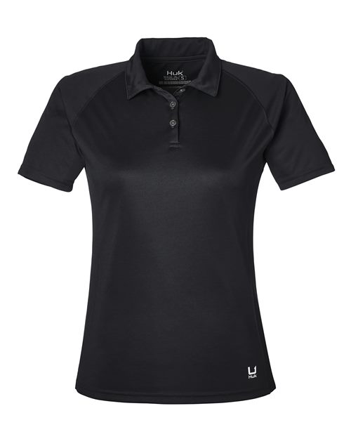 HUK Women’s LoPro Solid Performance Polo in Black, front view