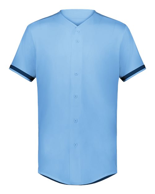 Augusta Sportswear Unisex Full Button Baseball Jersey in Columbia Blue/Navy