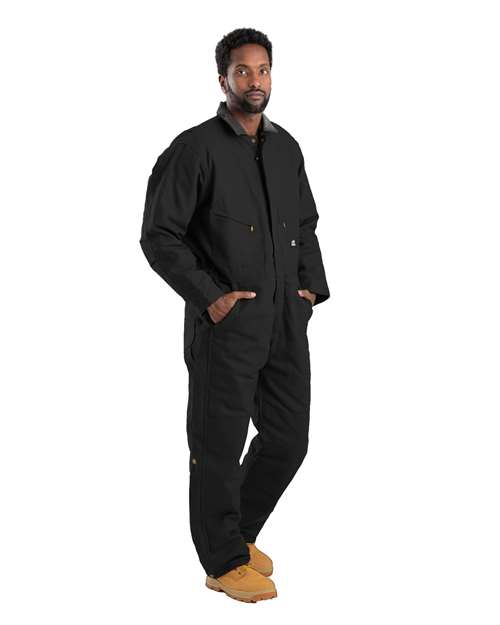 Berne Apparel Men's Heritage Tall Duck Insulated Coverall in Black, front view on model