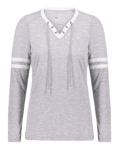 Holloway Women's Eco Revive™ Monterey Long Sleeve V-Neck T-Shirt in Athletic Heather/White, front view