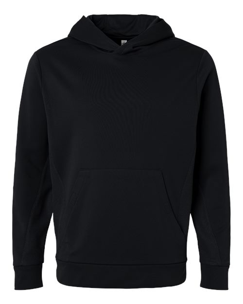 Team 365 Unisex Squad Hooded Tech Fleece Pullover in Black, front view