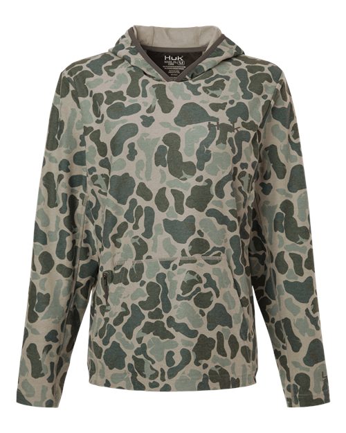 HUK Women's Coldfront+ KC Print Hooded Sweatshirt in Volcanic Ash, front view