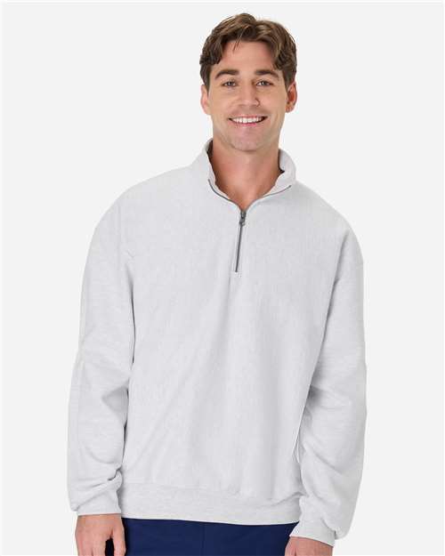 Hanes Unisex Beefy® Sweats Premium Heavyweight Quarter-Zip Sweatshirt in Ash, front view on model