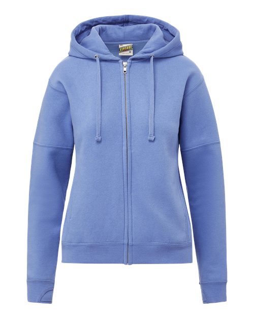MV Sport Women's Vintage Fleece Hooded Full-Zip Sweatshirt in Blue Iris, front view
