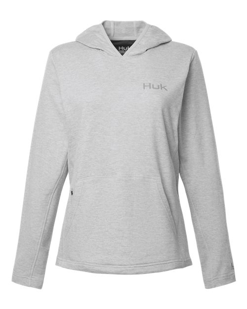 HUK Women's Coldfront+ Hooded Sweatshirt in Harbor Mist Heather, front view