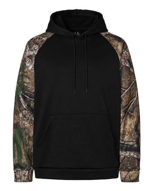 Unisex Realtree® Performance Colorblocked Hooded Sweatshirt in Camo/Black, front view
