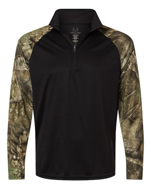 Unisex Realtree® Performance Colorblocked Quarter-Zip Pullover in Camo/Black, front view