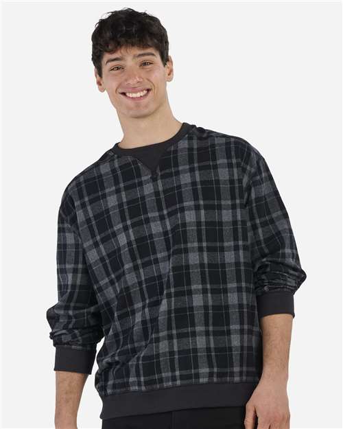 Boxercraft Unisex Flannel Pullover in Black Jordan Plaid, front view on model