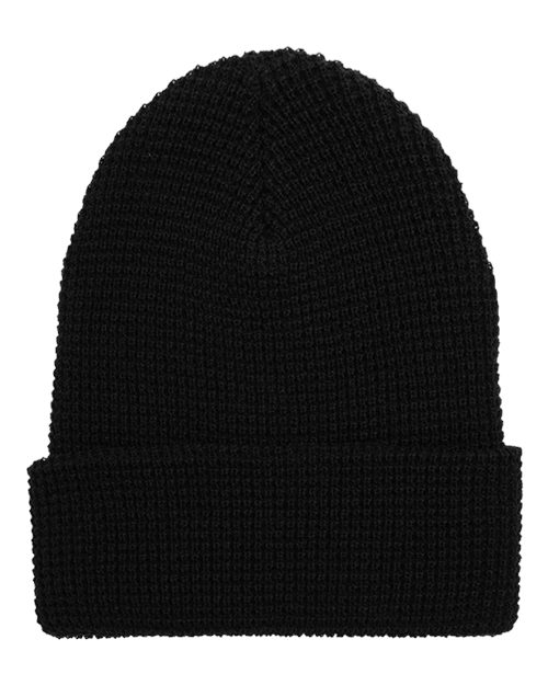 YP Classics Waffle Cuffed Knit Beanie in Black, front view