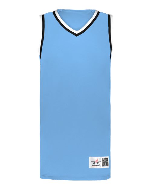 Alleson Athletic Youth Retro Basketball Jersey in Columbia Blue/Black/White, front view