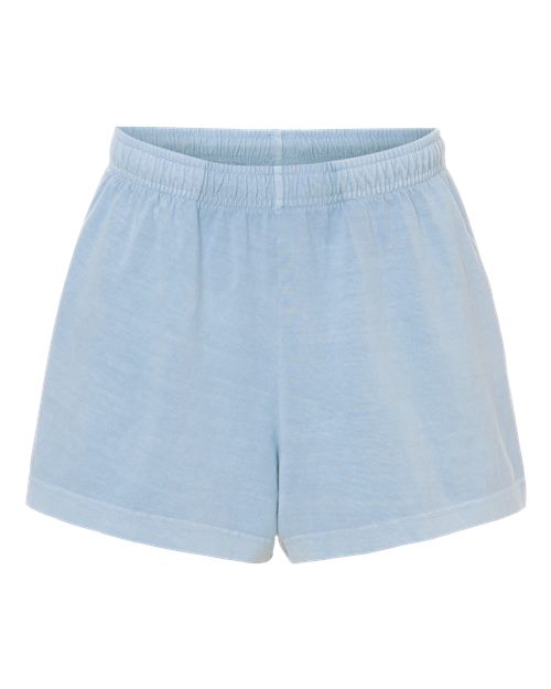 BELLA + CANVAS Women's Garment-Dyed Shorts in Light Washed Denim, front view