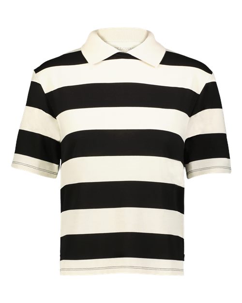 Holloway Women's Prep Street Rugby Crop T-Shirt in Alabaster/Vintage Black, front view
