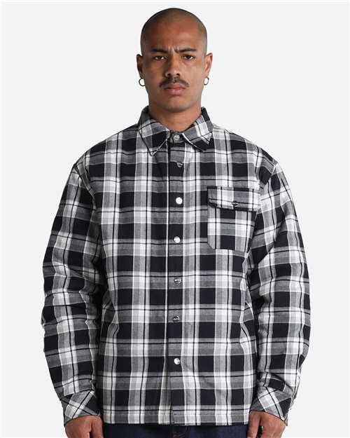Shaka Wear Unisex Plaid Jacket 2.0 in Black, front view on model