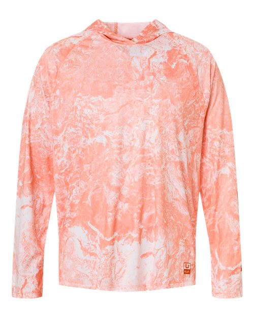 HUK Men's Pursuit Mossy Oak Printed Hooded Long Sleeve T-Shirt in Coral Reef