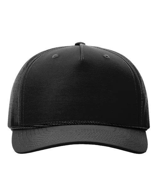 Richardson Laser Perf Performance Rope Cap in Black/Black-Grey, front view