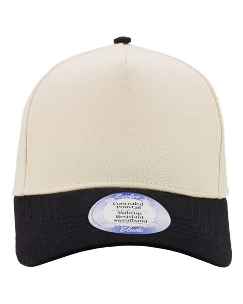 Infinity Her Women’s Two-Tone Five-Panel Cap in Ivory/Black/Leopard Camo, front view