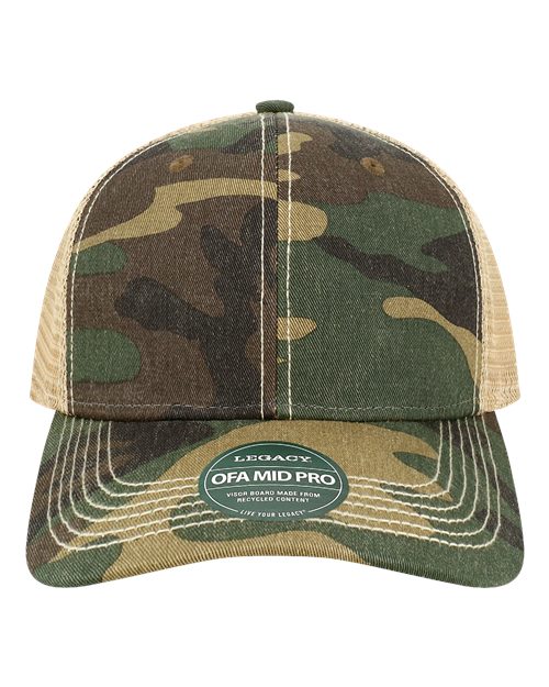 LEGACY Old Favorite Mid Pro Trucker Cap in Army Camo/Khaki, front view
