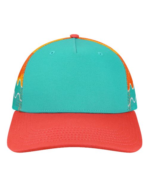 LOCALE Plain Front Five-Panel Trucker Cap in Aqua/Wavy Sunset/Coral