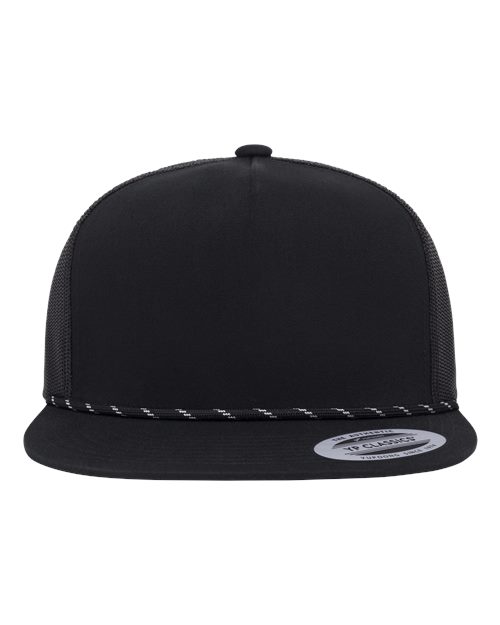YP Classics Classic Five-Panel Trucker Rope Cap in Black, front view