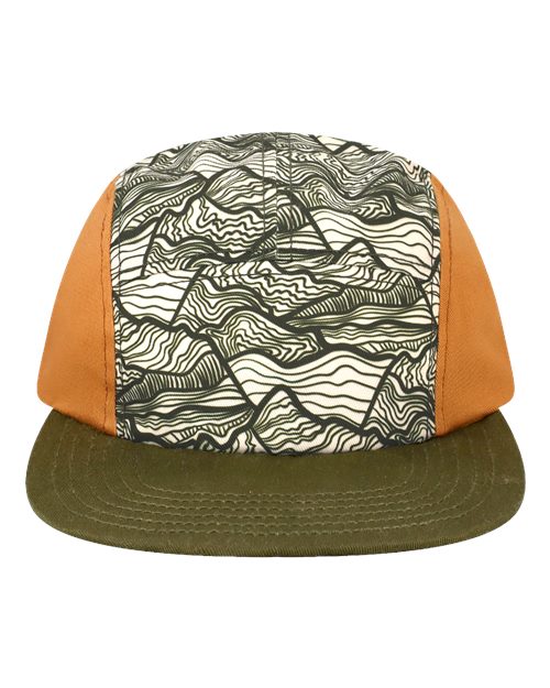LOCALE Five-Panel Camper Hat in Abstract Mountains, front view