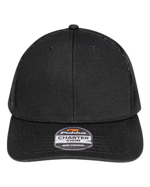 Pukka Charter Six-Panel Trucker Cap in Black, front view