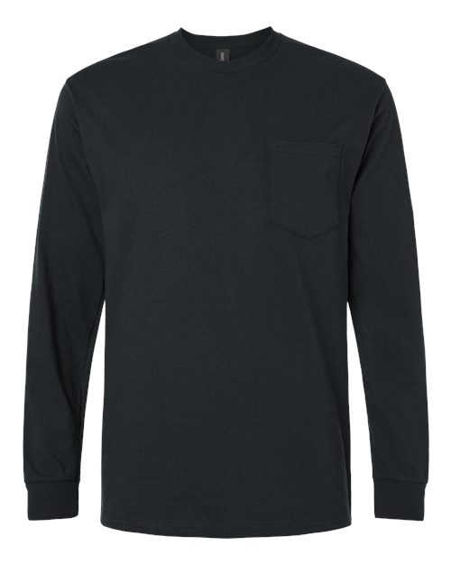 Gildan Unisex Ultra Cotton® Long Sleeve Pocket T-Shirt in Black, front view