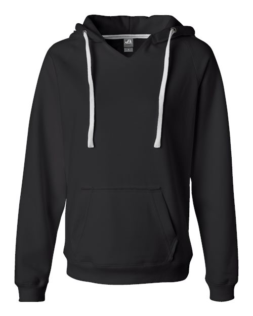 J. America Women's Sueded V-Neck Hooded Sweatshirt in Black, front view