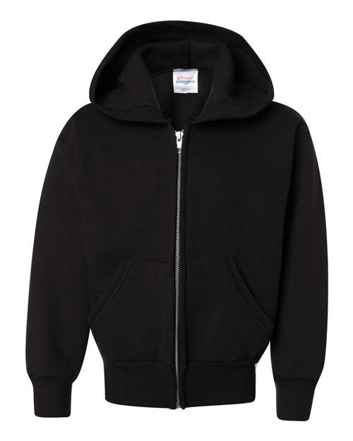 Hanes Youth EcoSmart® Full-Zip Hooded Sweatshirt in Black, front view