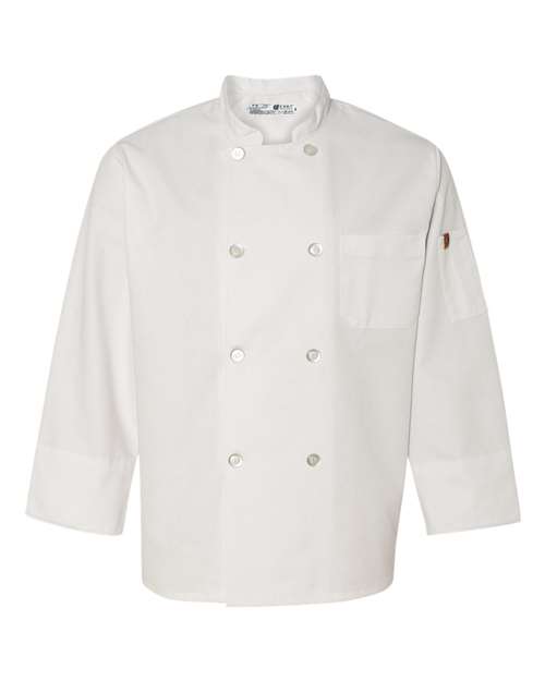 Chef Designs Eight Pearl Button Chef Coat with Thermometer Pocket in White, front view