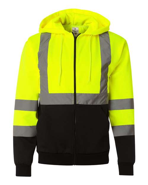 Kishigo Unisex Hi-Vis Full-Zip Hooded Sweatshirt in Lime, front view