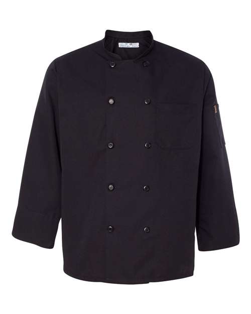 Chef Designs Ten Pearl Button Black Chef Coat in Black, front view