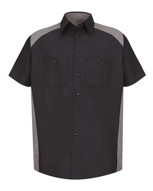 Red Kap Men's Short Sleeve Motorsports Shirt in Black/Silver, front view