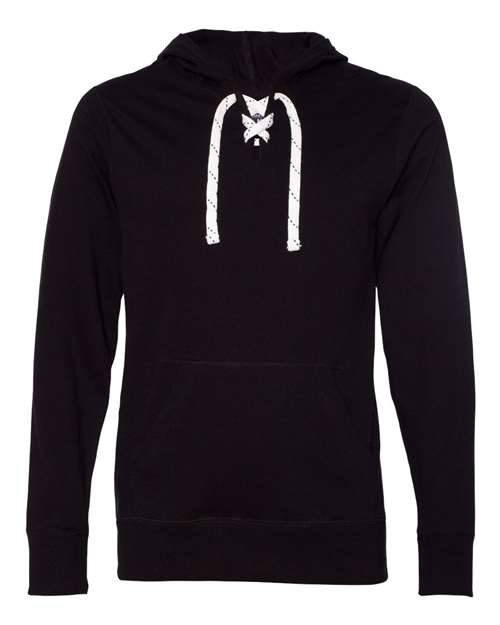 J. America Unisex Jersey Sport Lace Hooded Pullover in Black, front view
