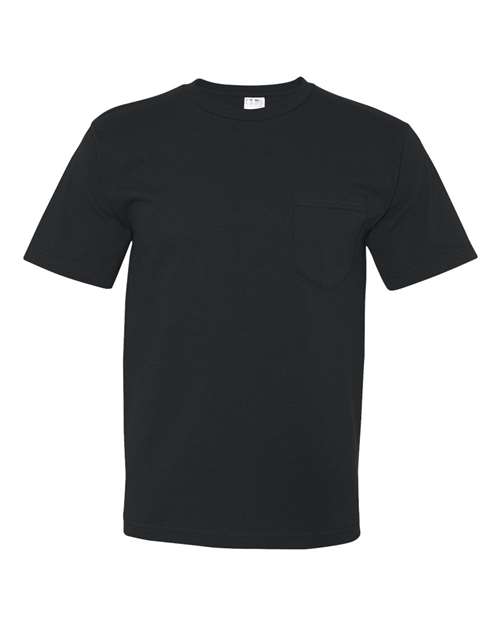 Bayside Unisex USA-Made Midweight Pocket T-Shirt in Black, front view