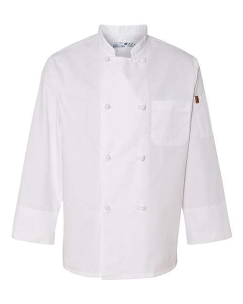 Chef Designs Eight Knot Button Chef Coat with Thermometer Pocket in White, front view